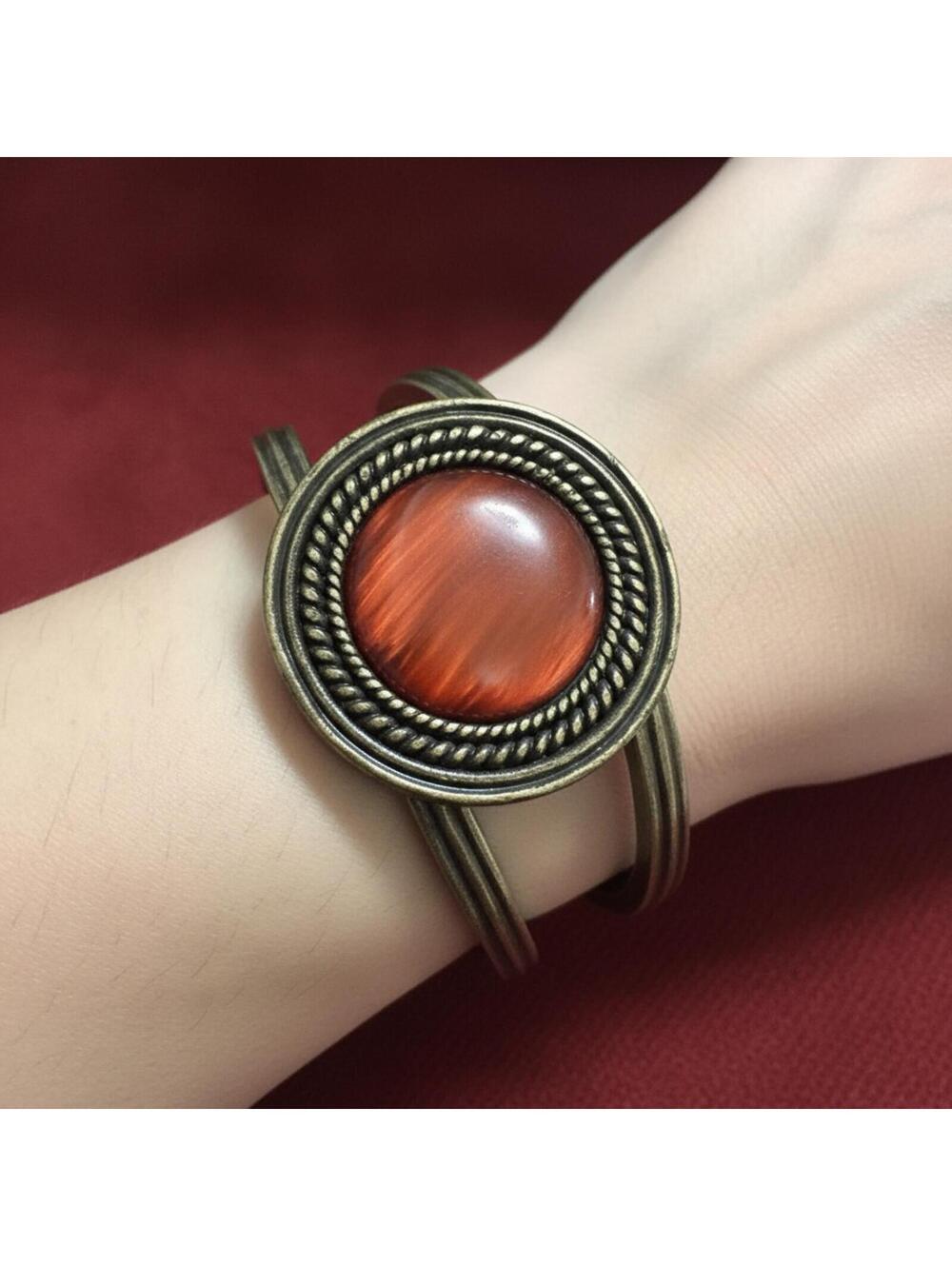BRACELET Vintage Style Mediterranean Cut Brass Cuff Bracelet with Amber Center